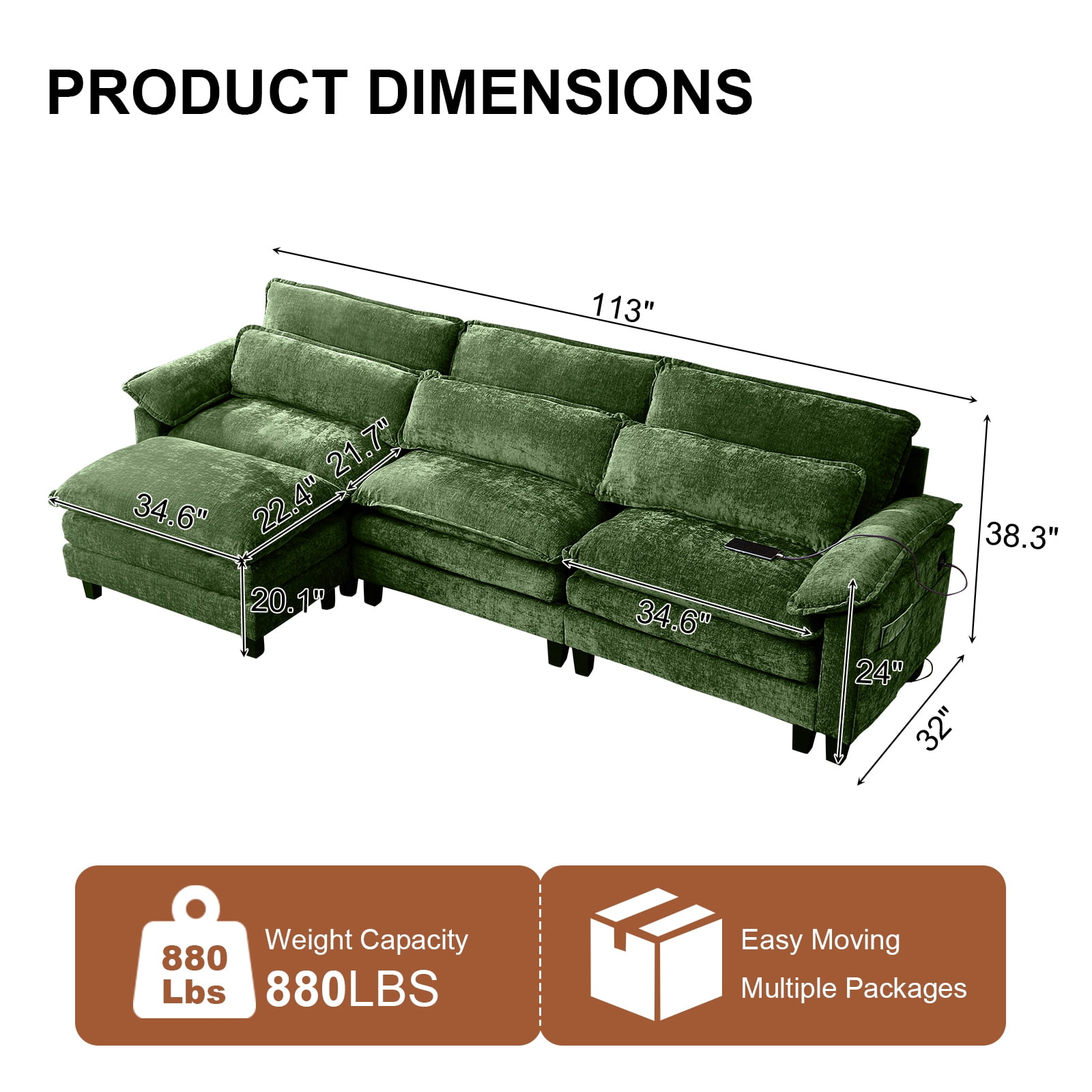 113'' Modular Sectional Sofa,L Shaped Couch with Movable Ottoman, Convertible Sectional Couches with Deep Seat, 3 Seat for Living Room Comfy Cloud Sofa with USB Side Pockets & Charging(Green)