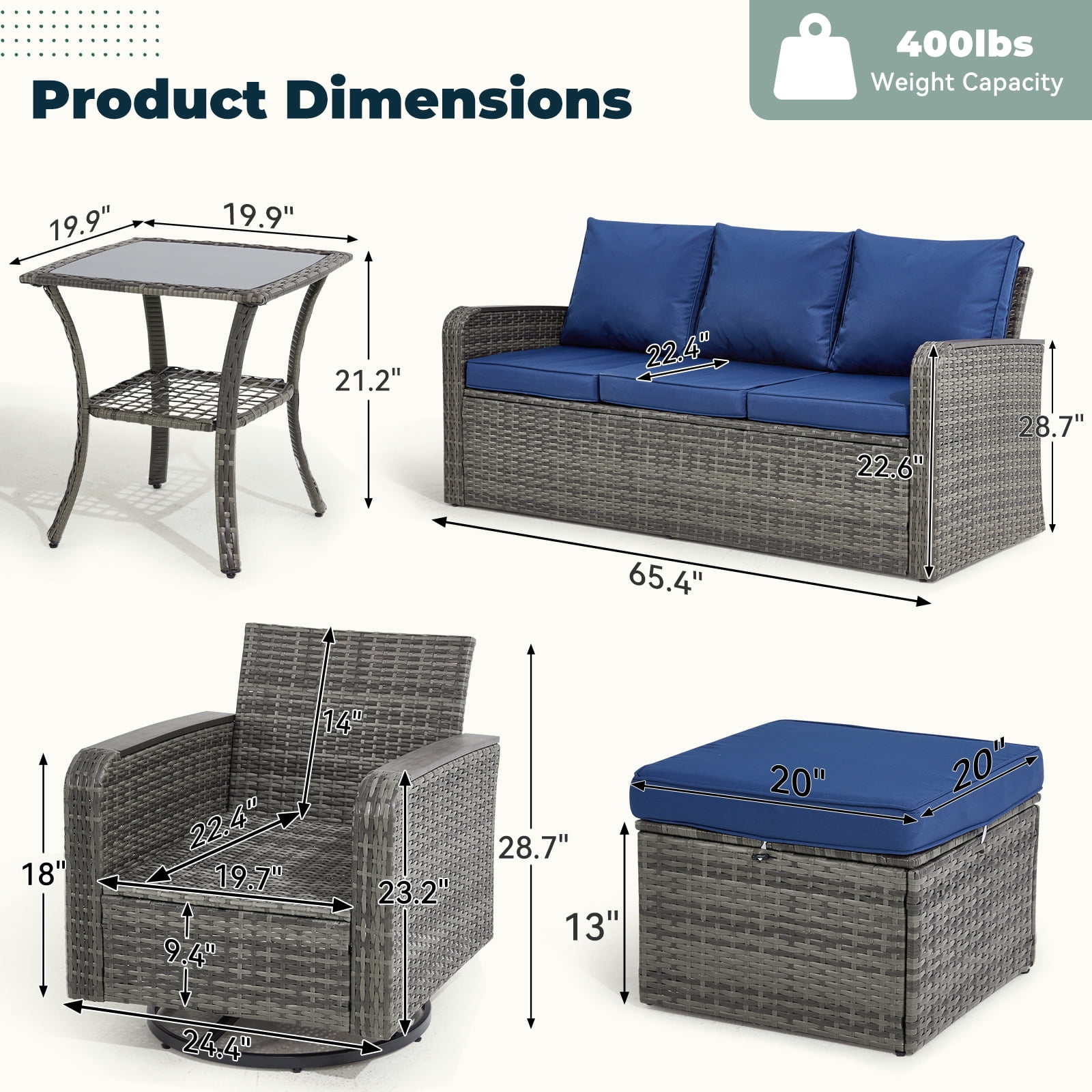 6 Pieces Wicker Patio Furniture Sets, Outdoor Conversation Set PE Rattan Sectional Sofa Couch with Swivel chairs Ideal for Indoor Porch Deck Bistro Lawn Garden Backyard Poolside-Blue