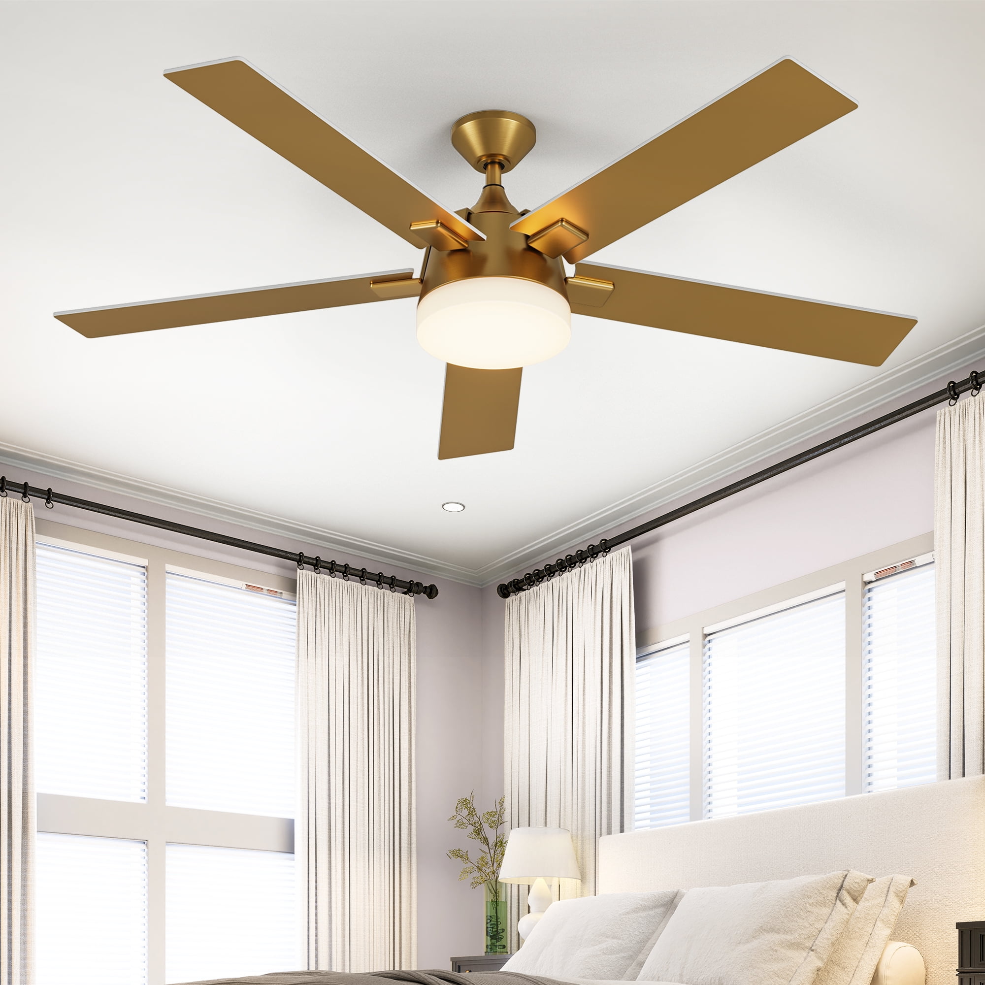 Uforic 52" Modern 5-Blade Ceiling Fan with LED Light, 6-Speed DC Motor, Reversible & Dual Downrods (White/Gold), DOE