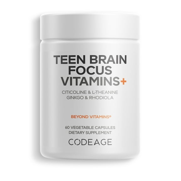 Codeage Teen Brain Focus Vitamins  Citicoline Cognizin, L-Theanine, Ginkgo, Rhodiola, Lavender, Magnesium, Vitamin B6, B12, Folate - 2-Month Supply - 12-18 Years - Liposomal Supplement - 60 Capsules