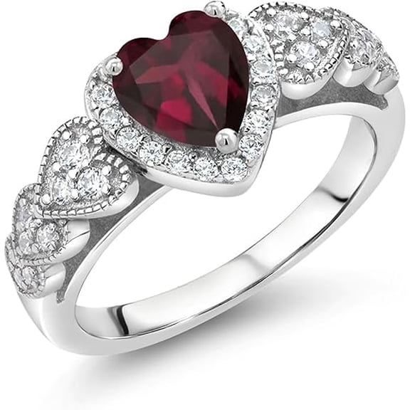 Gems Jewels 14K White Gold Plated 1.50Ct Heart Cut Garnet Christmas Wedding Engagement Thanksgiving Halo Ring 925 Sterling Silver For Women's -5