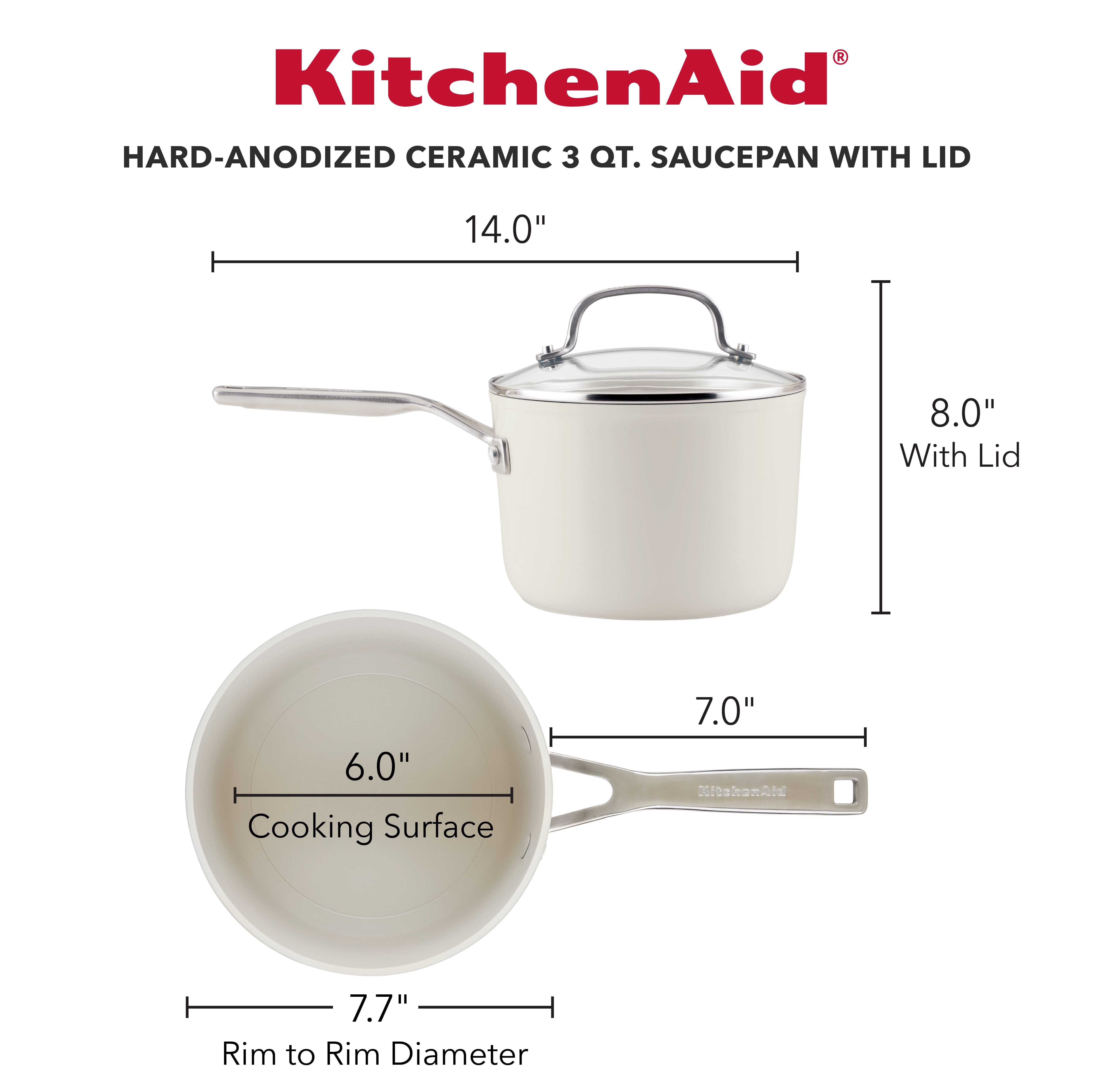 KitchenAid Hard Anodized 3 Quart Ceramic Nonstick Cookware Sauce Pan, Oven Safe to 500°F, Porcelain White
