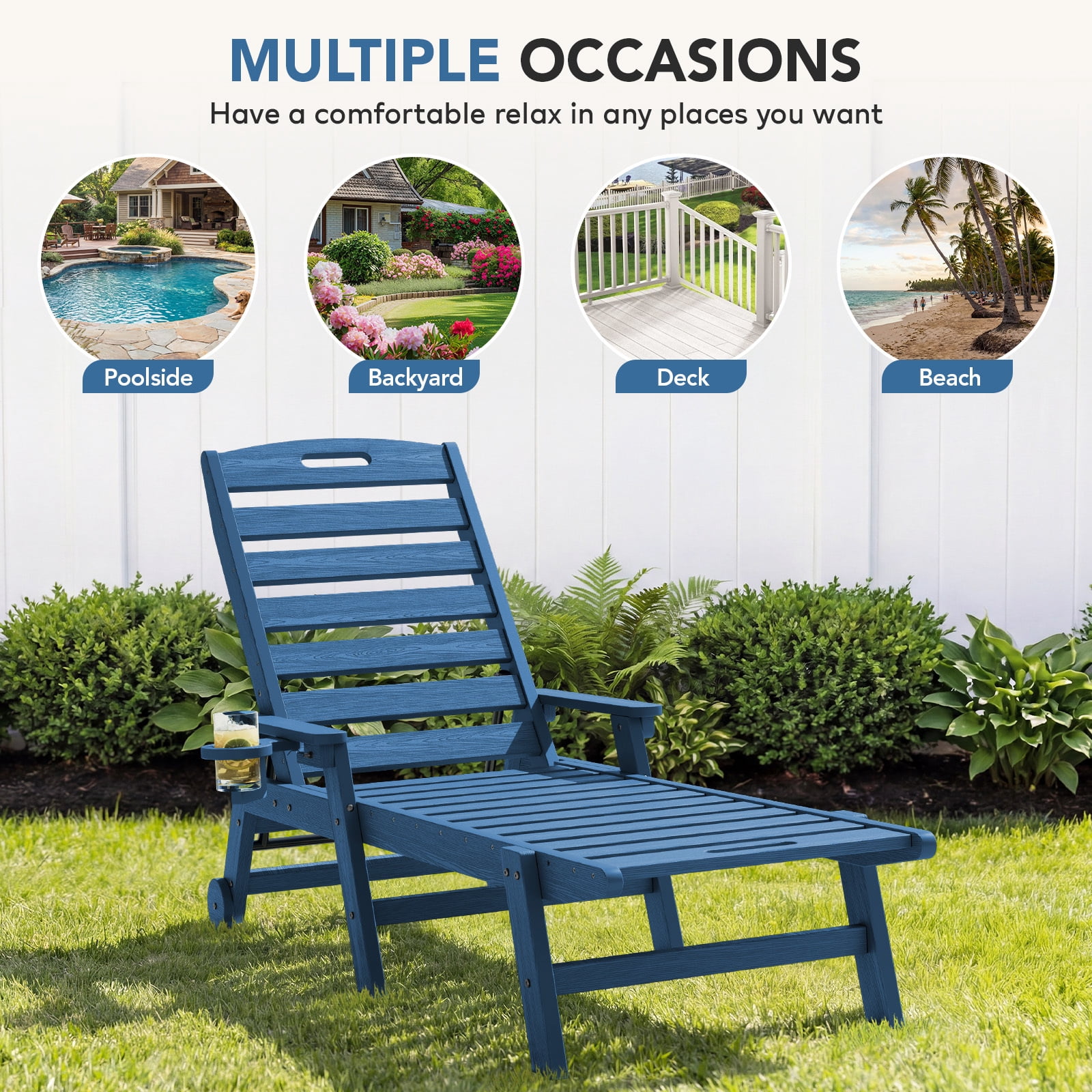 LOYALICE Adjustable Wheeled HDPE Plastic Outdoor Patio Lounge Chair W/ Cup Holder,78.3"x25.1"x16.3", Navy Blue