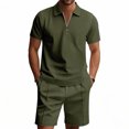 thumbnail image 2 of Men's Casual 2-Piece Set, Solid Color Polo Short Sleeve Shirt and Shorts, Relaxed Summer Outfit For Vacation Beach and Leisure,Army Green,L, 2 of 9