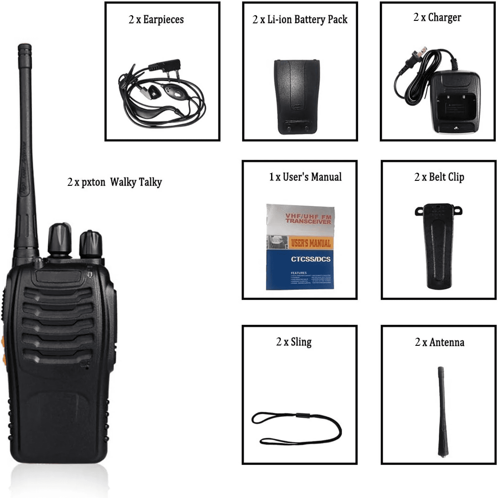 Rechargeable Walkie Talkies Long Range, 2-Way Radios Walkie Talkies for Adults with Earpieces, Walky Talky with Li-ion Battery Flashlight and Charger(2 Pack)