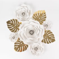 BalsaCircle 9 White 3D Rose Paper Flowers with Gold Monstera Leaves Hanging Wall Decor Wedding Party Event Decorations
