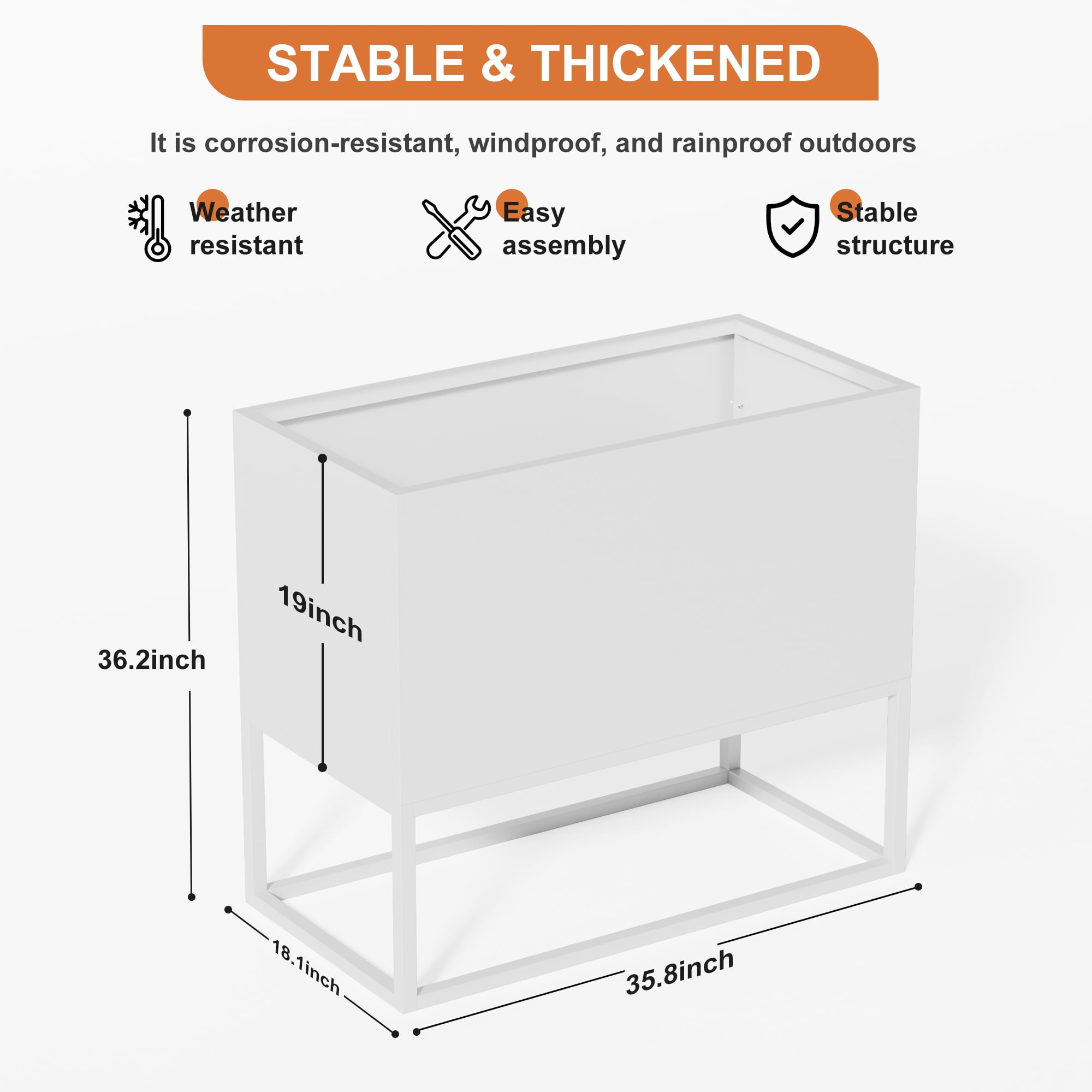 MAYEERTY 36*18"Large Metal Planter with Shelves&Drainage Holes for Tall Plants&High-Traffic Areas,White