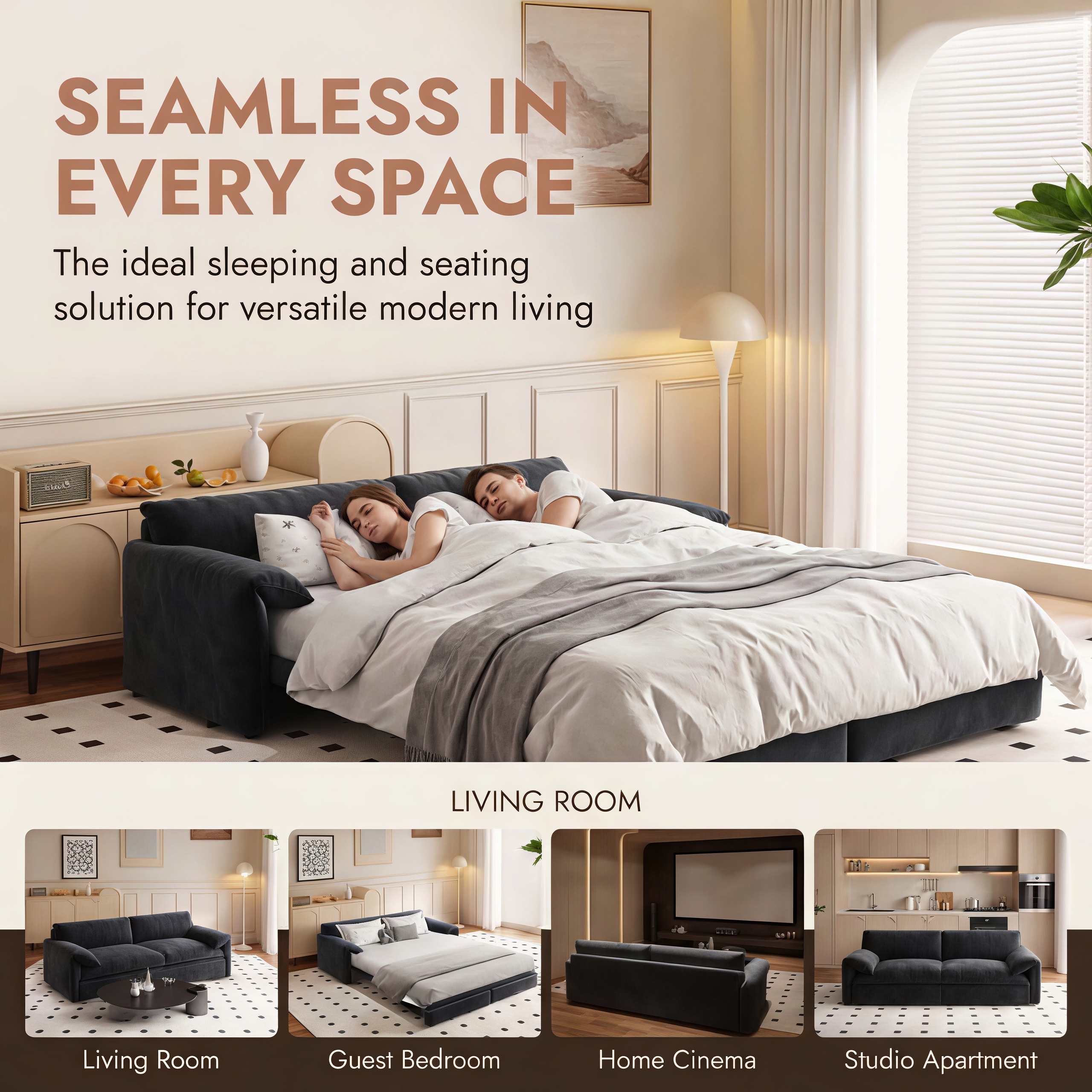 3-in-1 Queen Pull Out Sofa Bed, 66" Velvet Convertible Sleeper Couch with Deep Seat & Storage Pocket, Modern Folding Futon Sofa Bed, Black