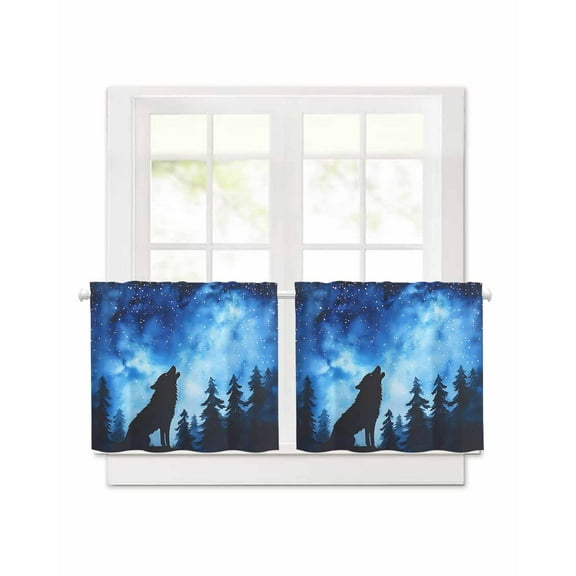 Forest Short Blackout Curtains 30Inch Long Wolf Stars Silhouette Night Blue Sky Rod Pocket Kitchen Curtains, 2 Panels Thermal Insulated Room Darkening Drapes for Bedroom, 30"W x 30"L