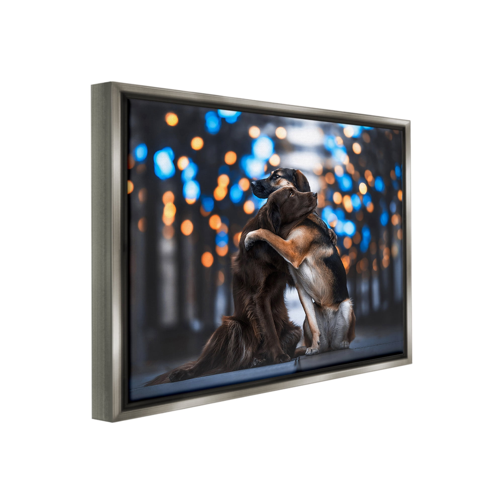 Stupell Industries Hugging Dogs with Bokeh Animals & Insects Painting Gray Floater Framed Canvas Art Print Wall Art, 31 x 25