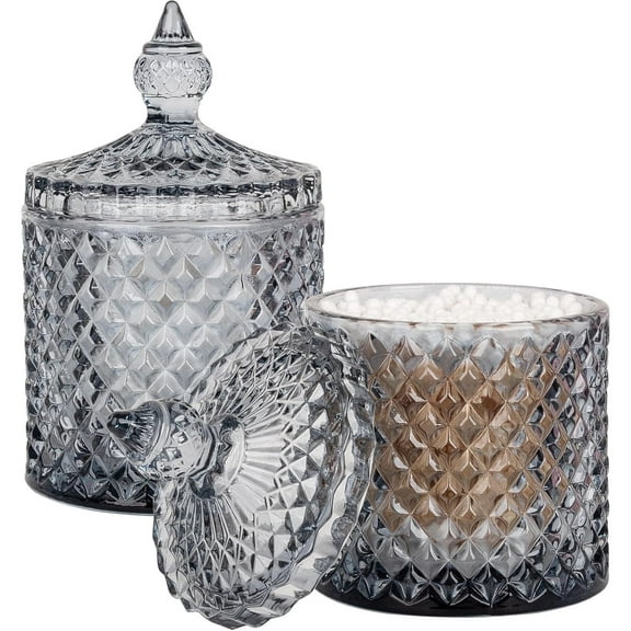 2 Pack Qtip Holder Thick Glass Jars with Lid for Bathroom Decor Storage Organizer for Cotton Swabs, Balls, Pads, Floss Picks, Candy, Jewelry, Grey