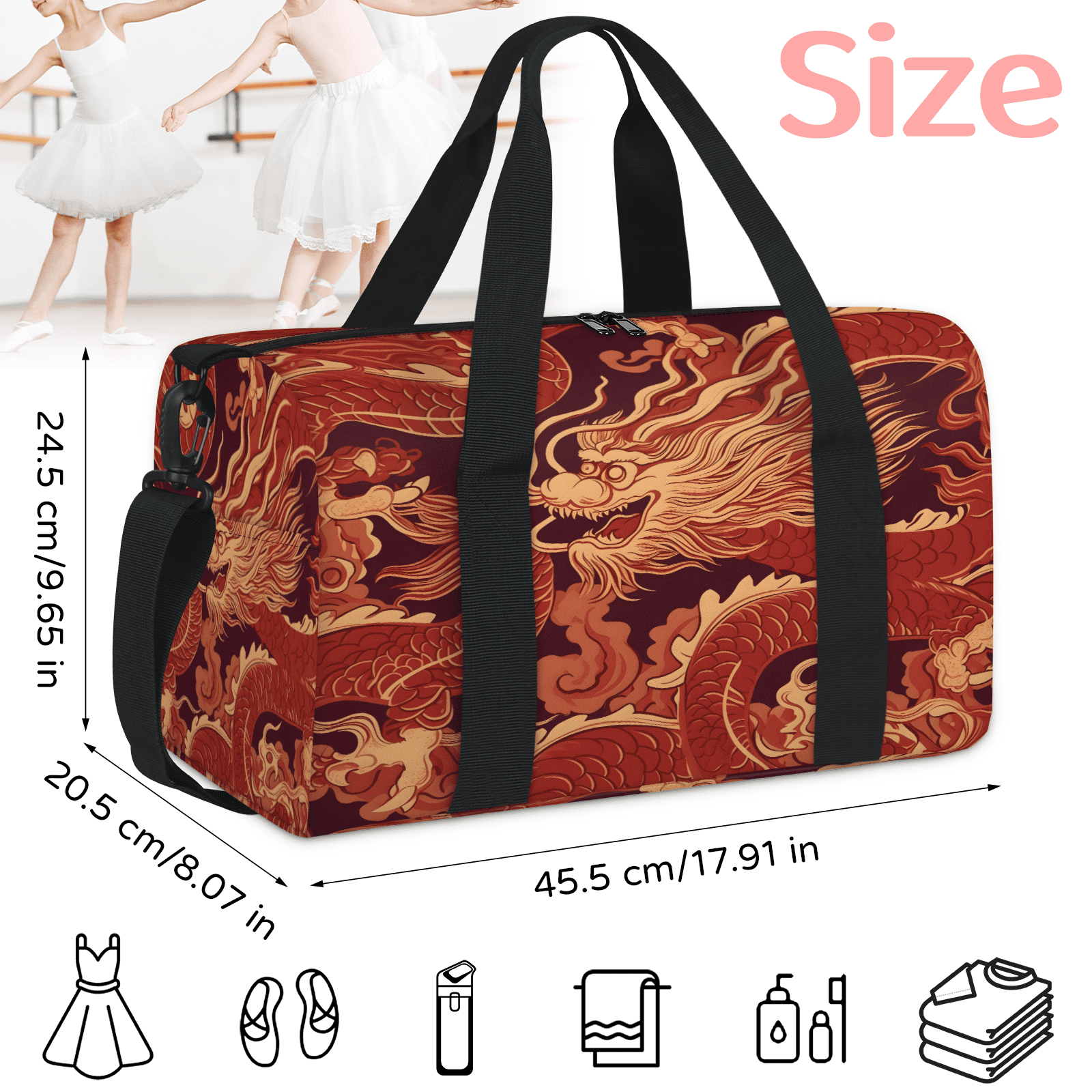 Herdesigns Japanese Red Dragon Gym Bag for Women, Duffle Bag for Travel Sport, Lightweight Waterproof Carry on Weekender Overnight Dance Yoga Workout Bags