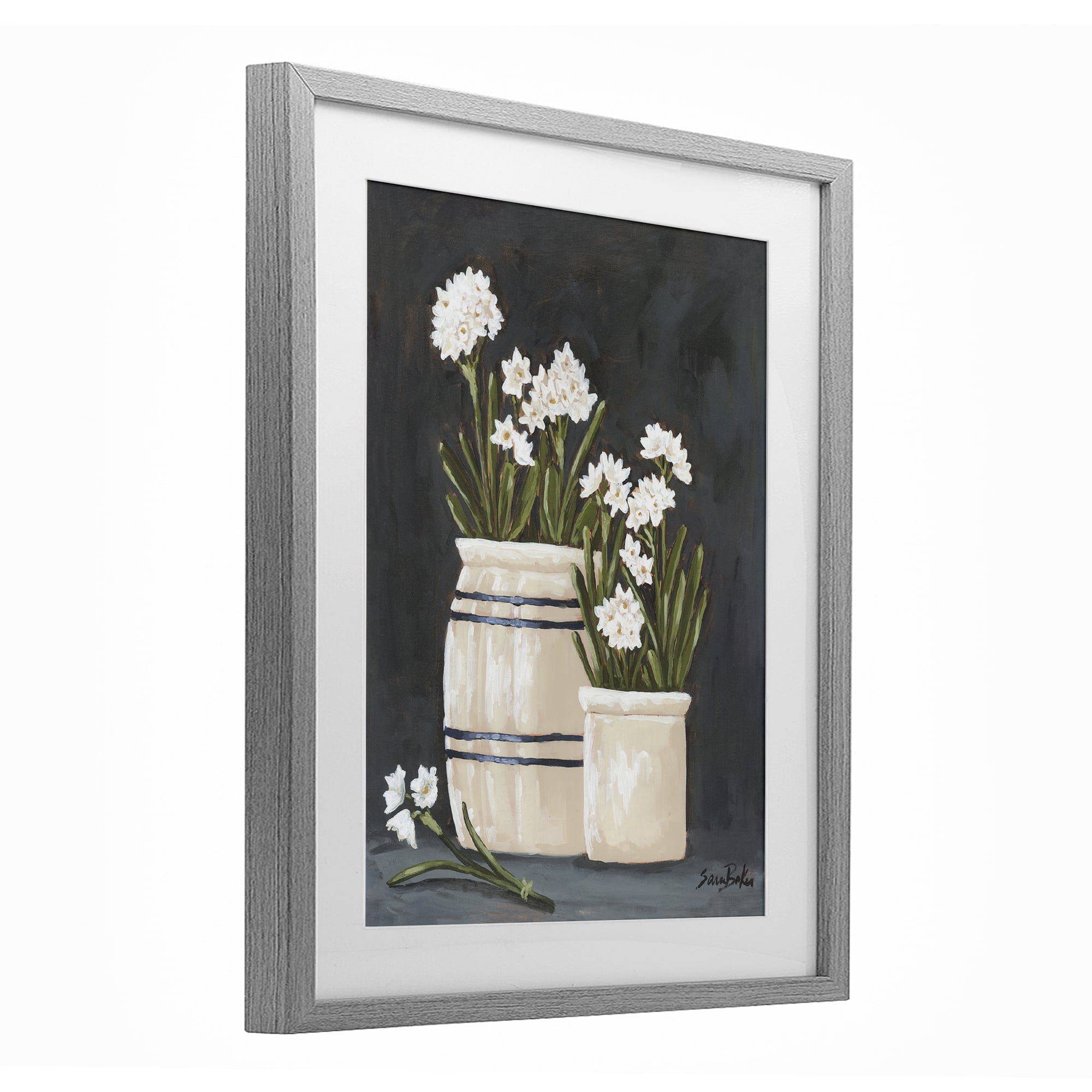 Stupell Industries Vintage Crocks & Paperwhites Gray Framed Print Under Glass, design by Sara Baker