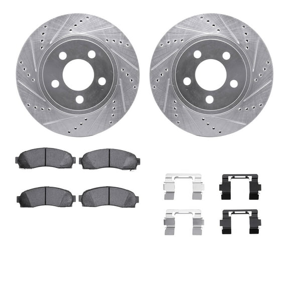 Dynamic Friction Company Front Brake Rotors-Drilled and Slotted-Silver with 5000 Advanced Brake Pads includes Hardware 7512-99480