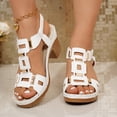 thumbnail image 2 of Rokment Womens Metallic Buckles Dressy Sandals Ladies Fashion Casual Leather Comfortable Platform Chunky Stackable High Heels Slingback Dress Summer Shoes White Size 9.5, 2 of 5
