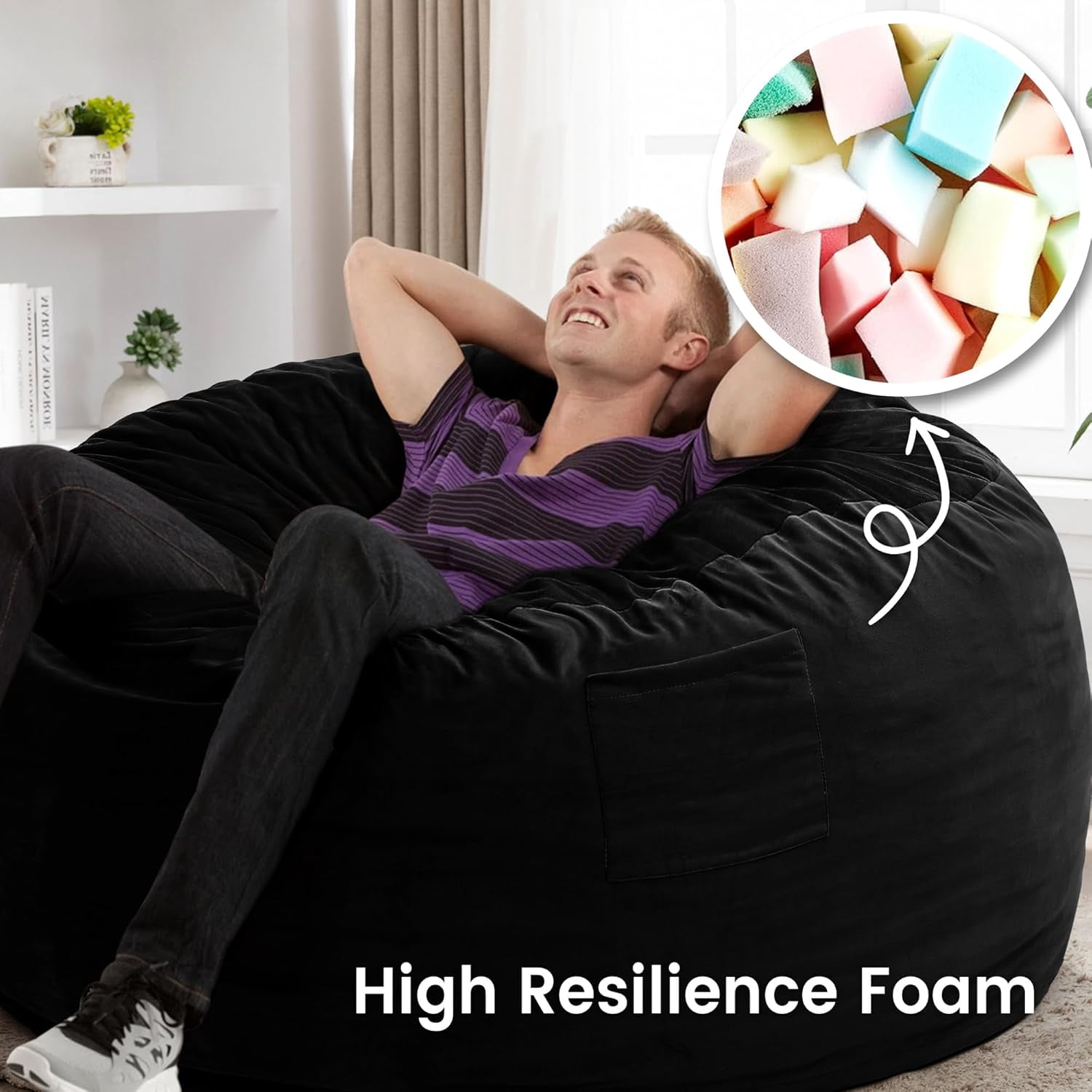 4 FT Bean Bag Chair for Adults, Teens, or Kids, Adult Size Beanbag Chair, Luxurious Memory Foam Filling, Washable Velvet Cover, Perfect for Living Room, Den, Bedroom, or Dorm, Black