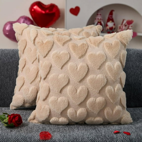 Valentines Pillow Covers 18x18 inch Set of 2 Valentines Day Decoration Red Heart Soft Plush Faux Fur Jacquard Throw Pillows for Bedroom Sofa Holiday Festivals Home Decor