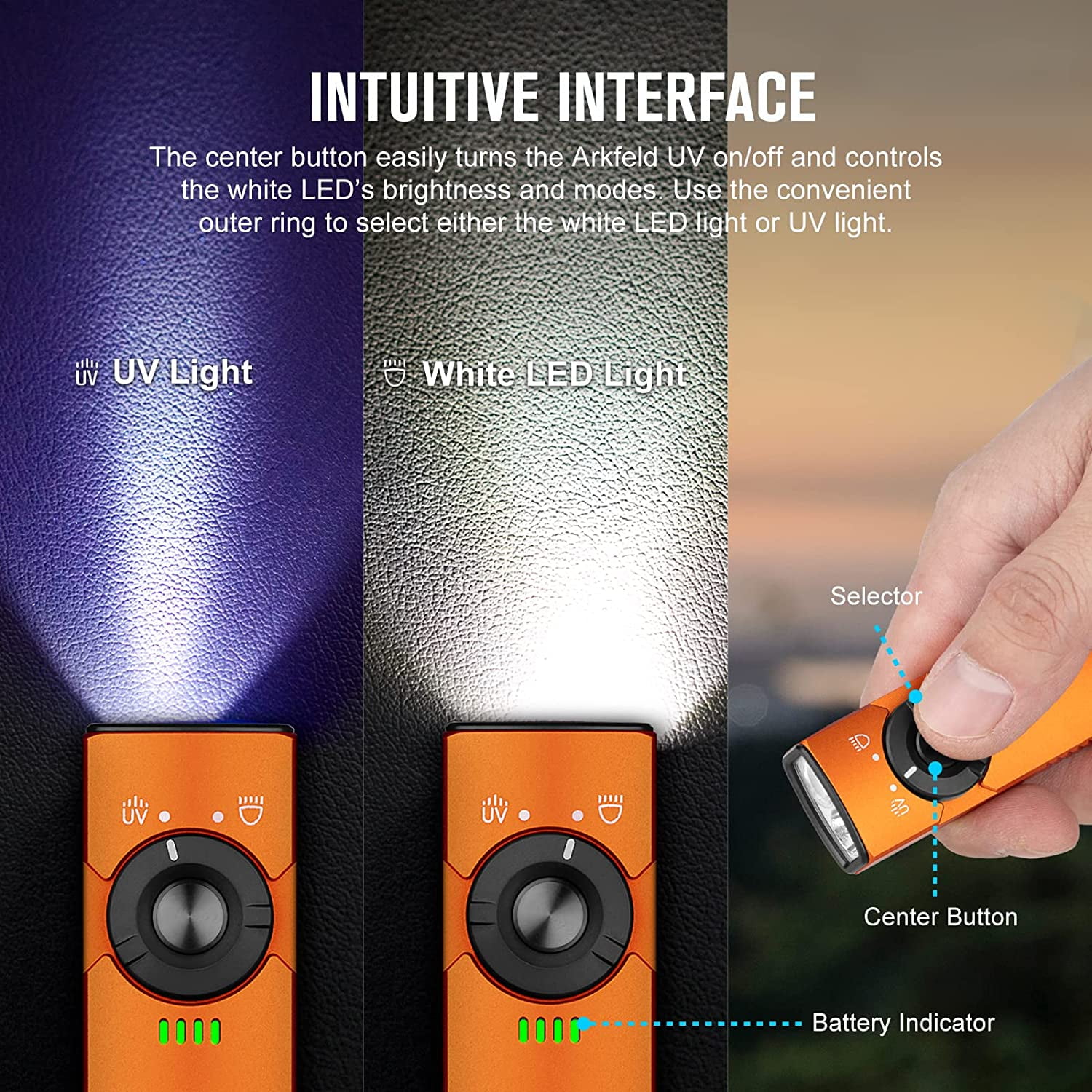 OLIGHT Arkfeld UV Rechargeable EDC Flashlight, 1000 Lumens White LED and 365nm Blacklight Combo for Outdoors, Emergency, Working, Pet Urine Detection (Orange)
