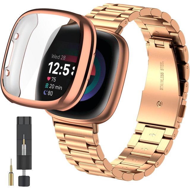 REQO for Fitbit Versa 4/Sense 2 Solid Stainless Steel Wrist Band with Watch Case,for Versa 3/Sense Metal Replacement Straps and Screen Protection Case for Women Men