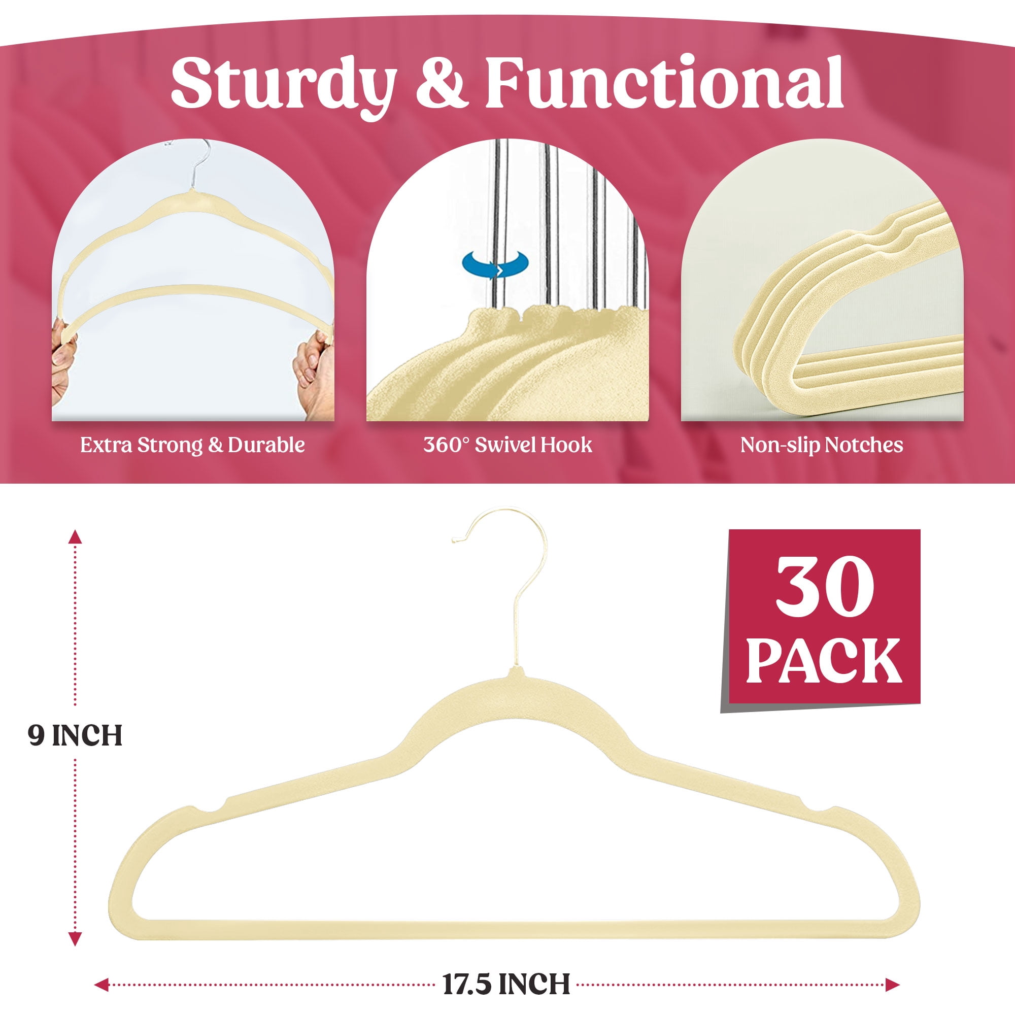Lux Decor Collection Velvet Clothing Hangers 30 Pack, Non-Slip Space Saving, Ivory