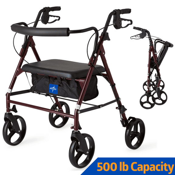 Medline Steel Bariatric Rollator Walker with Adjustable Handles, Padded Seat & Backrest, Burgundy, 500 lb. Weight Capacity, Foldable, 8" Wheels