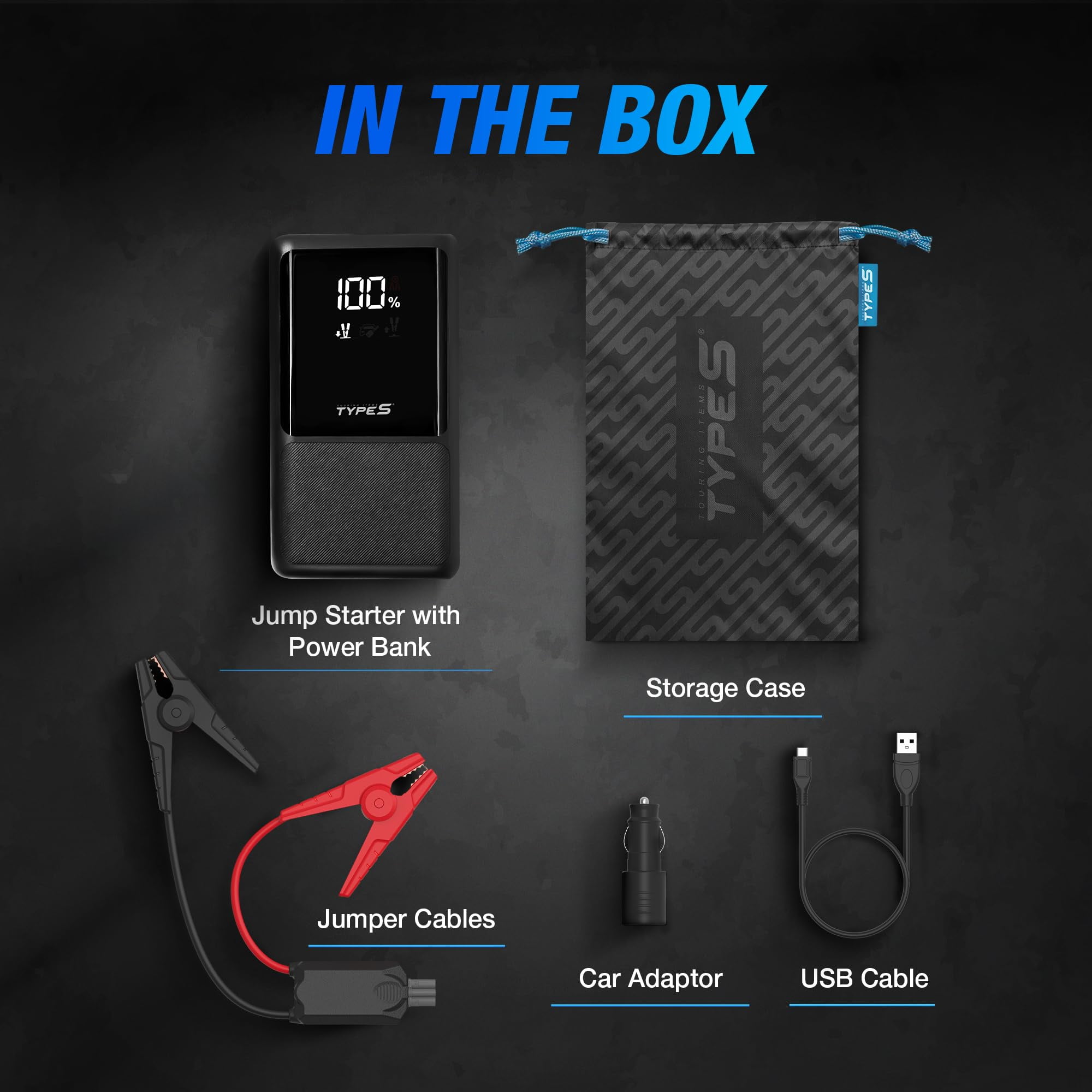 Type S Dynamic Classic DC10 Car Battery Jump Starter Portable Power Bank 500A Jump Starter Battery Pack for 6L Gas Engines / 4L Diesel with USB-C USB-A Outputs, incl Jumper Cable