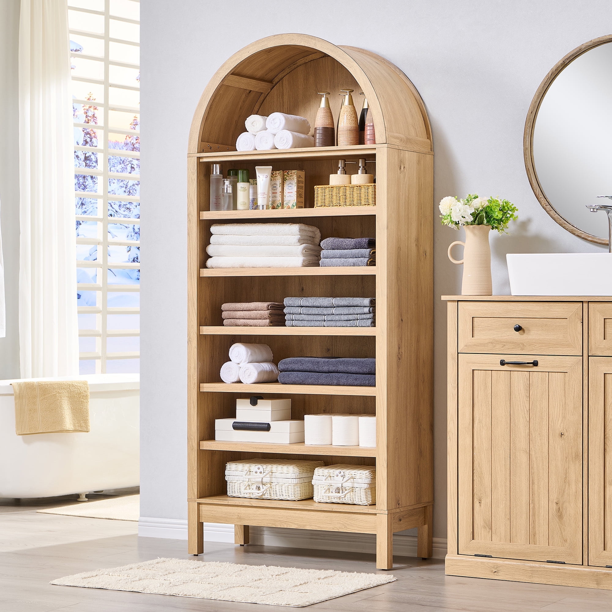 SinCiDo Tall Arched Bookshelf, 7-Tier Open Shelf Bookcase, Medium Density Fiberboard