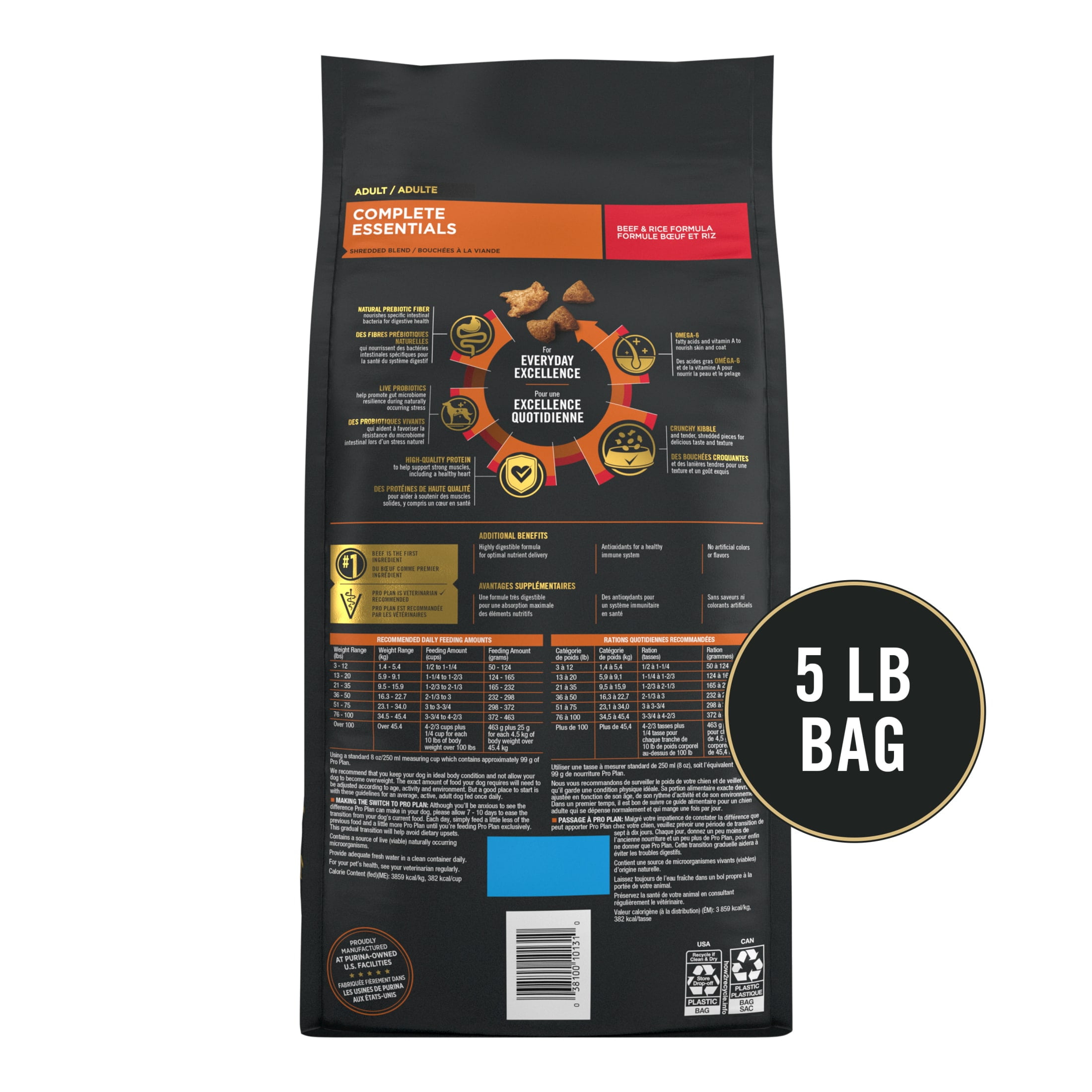 Purina Pro Plan Complete Essentials Shredded Blend Beef and Rice Dry Dog Food Formula with Probiotics for Dogs, 5 lb Bag