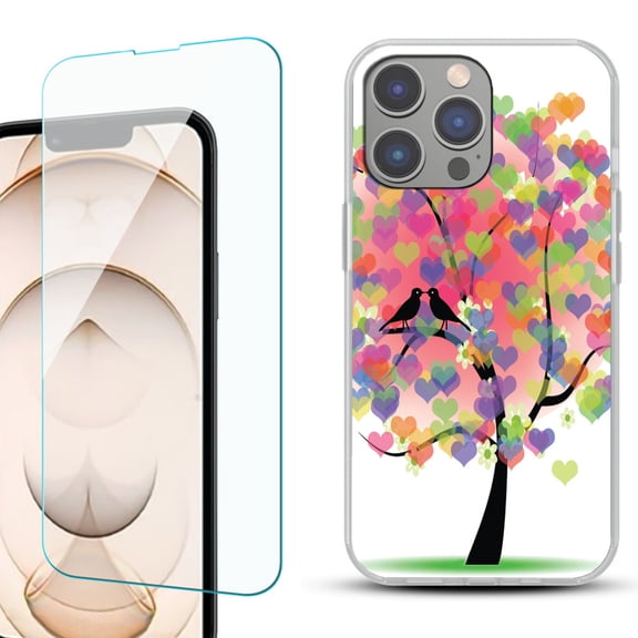 OneToughShield ® for iPhone 15 Pro Max Shockproof Fashion Phone Case, with Tempered Glass Screen Protector - Color Hearts Tree