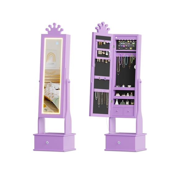 Kids Jewelry Organizer Cabinet with Full-Length Lighted Mirror, 46" Standing Jewelry Armoire with Drawers and Princess Crown Design,Purple