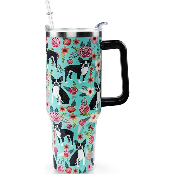 Boston Terrier Stainless Steel Tumbler Handle and Silicone Straws 40 OZ Vacuum Insulated Tumbler Ideal Gifts to Dog Mom - Dog Lovers Gifts for Women