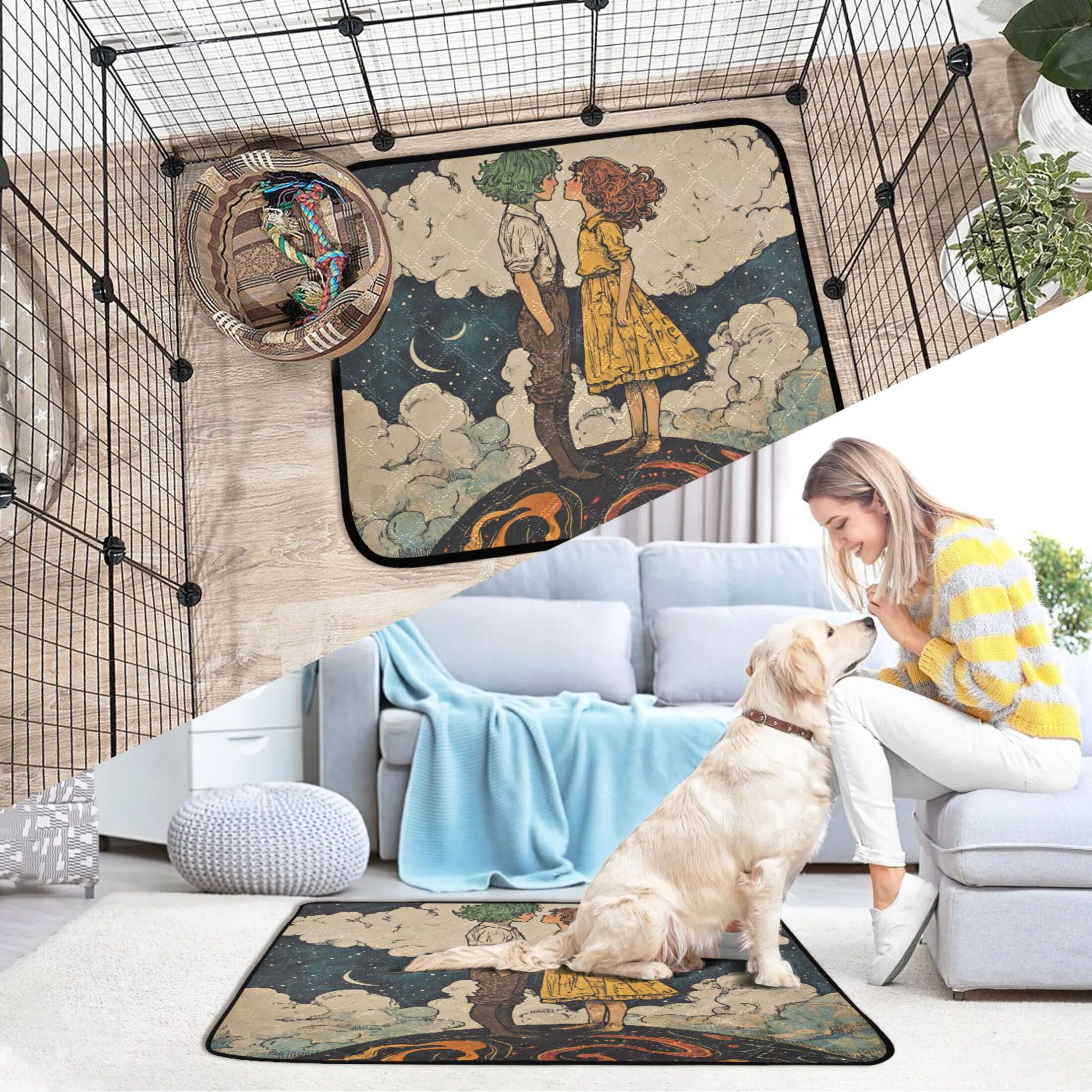 Qxltty Young Lovers Illustration Cat litter Pads Pet Set of 3 Diaper Mats Center Anti-leakage Layer Absorbent Soft and Comfortable