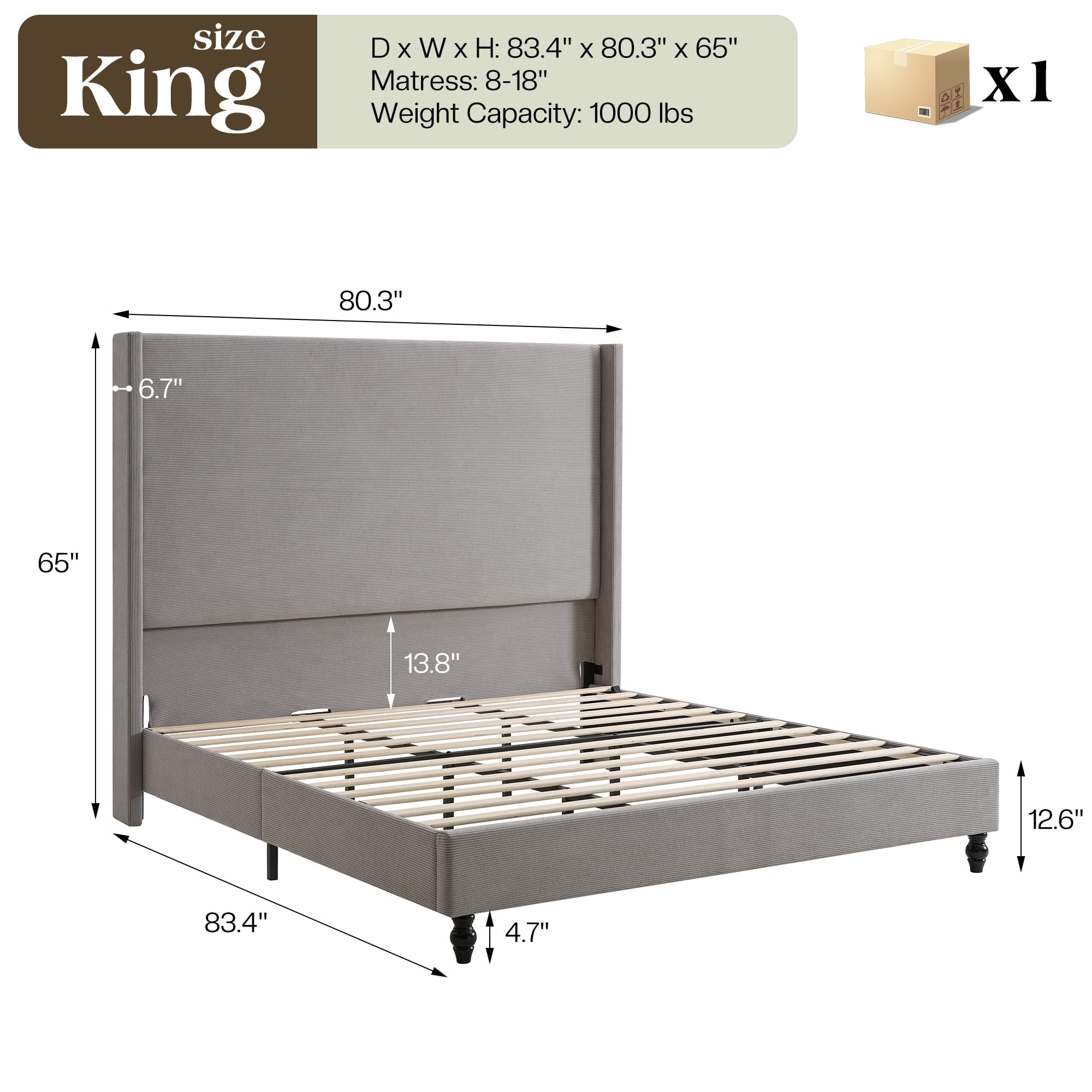 VanAcc King Bed Frame with 65" Tall Headboard, Horizontal Fine Corduroy Bed Frame with Upholstered Wingback, Vintage Solid Wood Gourd Legs, Grey