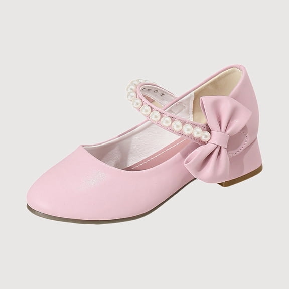 Gyujnb Girls Closed Toe Pearl Bow Mary Jane Shoes, Low Heel Dress Footwear for Formal and Daily Wear (Little Girls, Big Girls),11-11.5 Years
