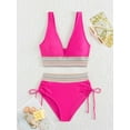 thumbnail image 3 of Women Tummy Control Swimsuits Color Block Two Piece Drawstring Bathing Suit Rose Red L, 3 of 7