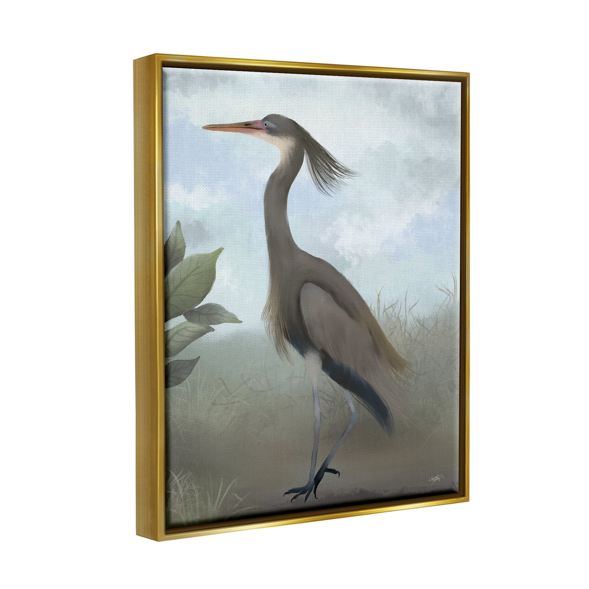 Stupell Industries Grey Heron Painting Animals & Insects Painting Gold Floater Framed Canvas Art Print Wall Art, 17 x 21