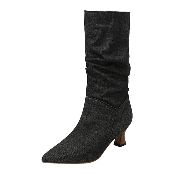 Women's Denim Slouchy Knee High Boots Winter Pointed Toe Kitten Heel Mid Calf Boots Fashion Leather Wide Calf Boots Black Size 6