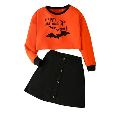 

Toddler Girl Outfits Longsleeve Halloween Cartoon Letter Printing Tops Skirts Two Piece Casual Kids Suits for Girls