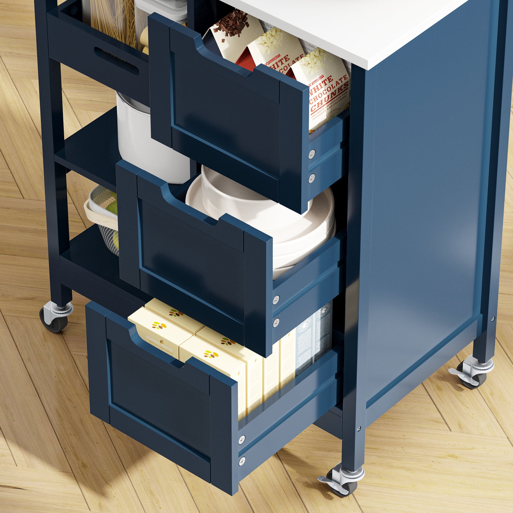Dextrus 3-Tier Kitchen Storage Cart with Large Countertop, Rolling Kitchen Island Cart , Blue