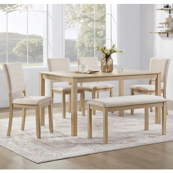 Luckynote 6 Piece Dining Table Set with Bench, Wooden Rectangular Kitchen Table Set with Bench and 4 Upholstered Chairs for Living Room, Kitchen, Dining Room, Light Oak & Beige