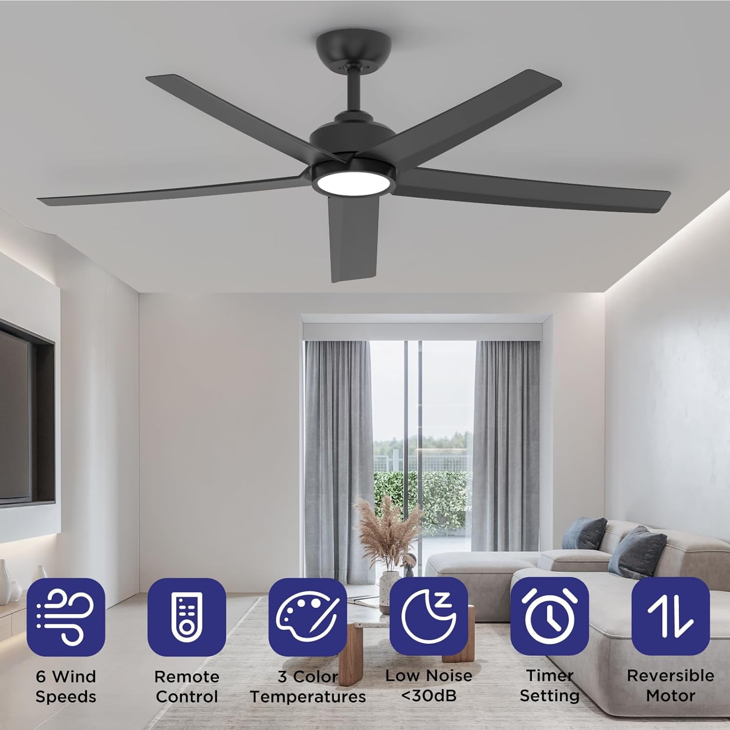 52 Inch Black 5-Blade Modern Ceiling Fan, 3CCT Dimmable LED Light, Reversible DC Motor, Wireless Remote & 2/4/8H Timer for Living Room Bedroom Kitchen