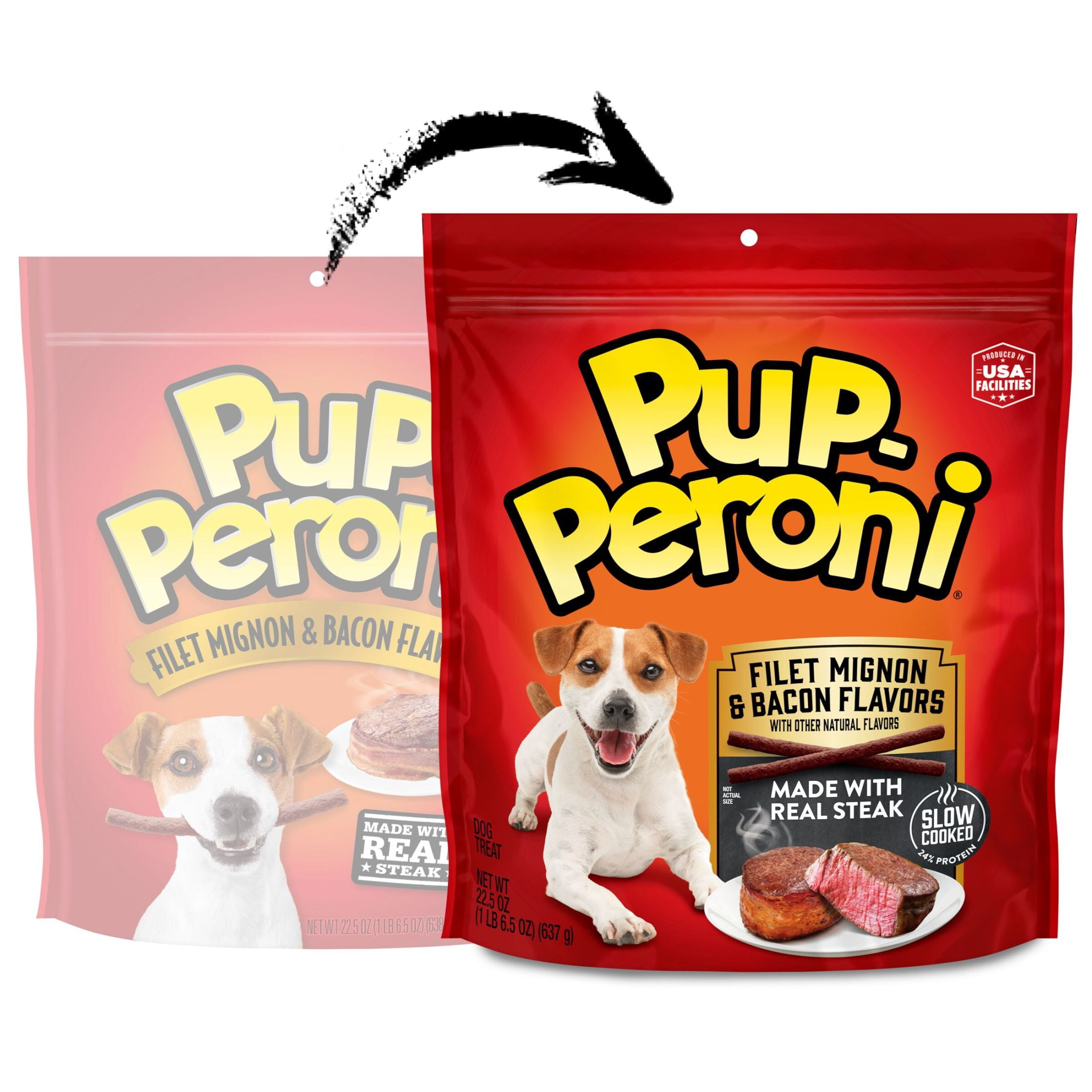 (4 pack) Pup Peroni Filet Mignon & Bacon Flavor Dog Treats, 22.5 oz Bag