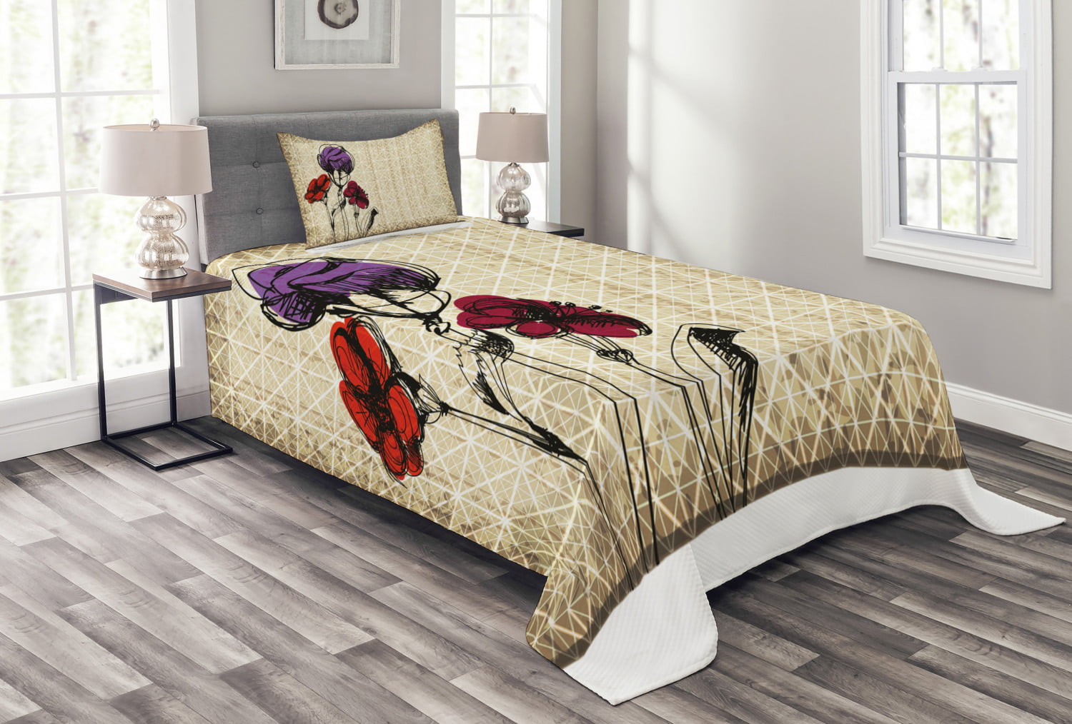 Details about   Sketchy Quilted Bedspread & Pillow Shams Set Flower Petals Grunge Print 