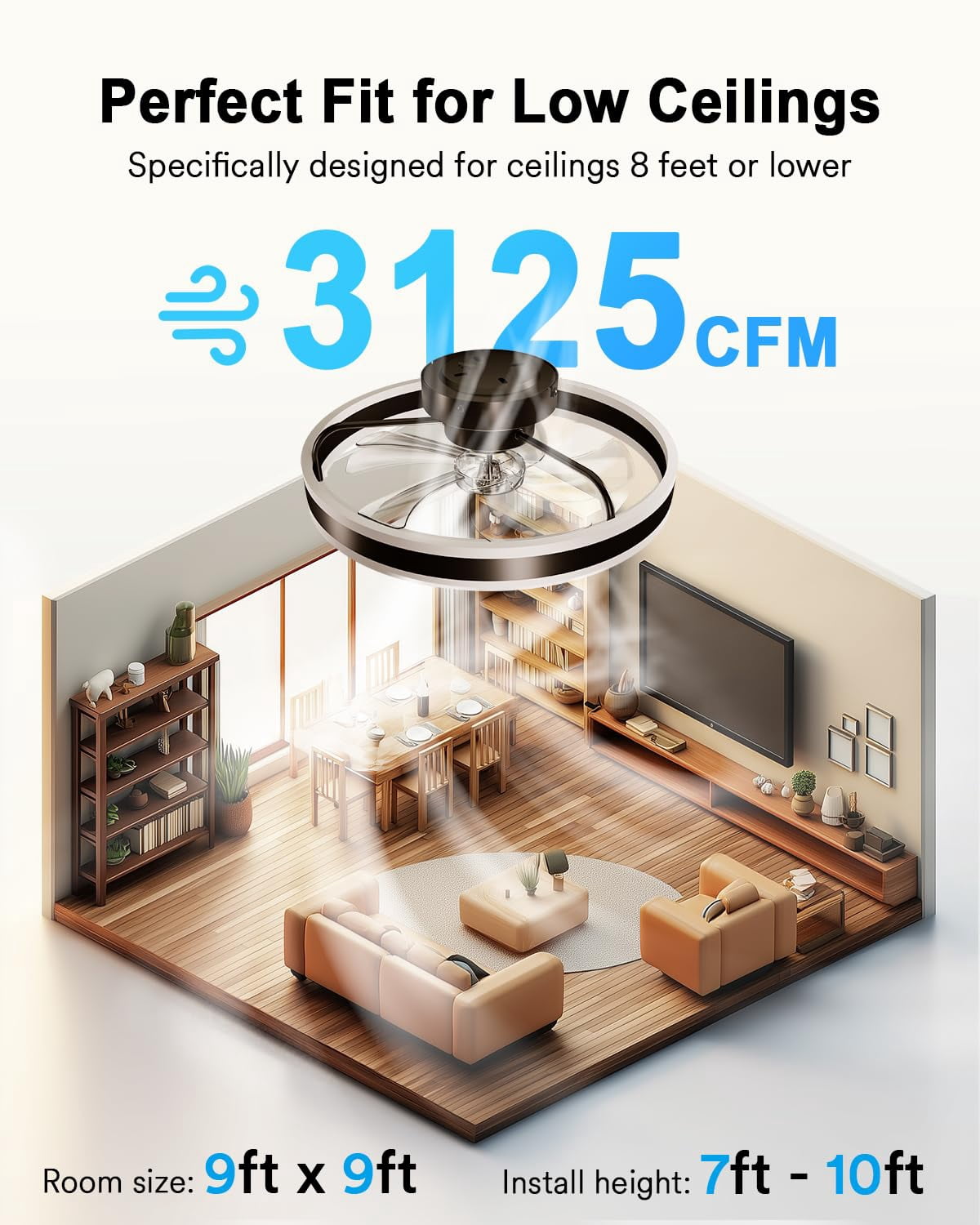 Lumary Smart Ceiling Fan with Light RGBAI LED Flush Mount Low Profile Fan Works with Alexa Google with Remote 20 Inch Black