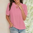 thumbnail image 4 of Stylish Olyvenn Womens Eyelet Shirts Summer Business Casual Blouses Keyhole Neck Short Sleeve Shirts Hollow Out Cute Lace Tops Hot Pink L, 4 of 9