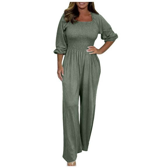 eileial Jumpsuits for Women Casual Solid Color Jumpsuit Casual Solid Color Jumpsuit Jumpsuit with Sleeves Women's High Waist Pants,Green XXL