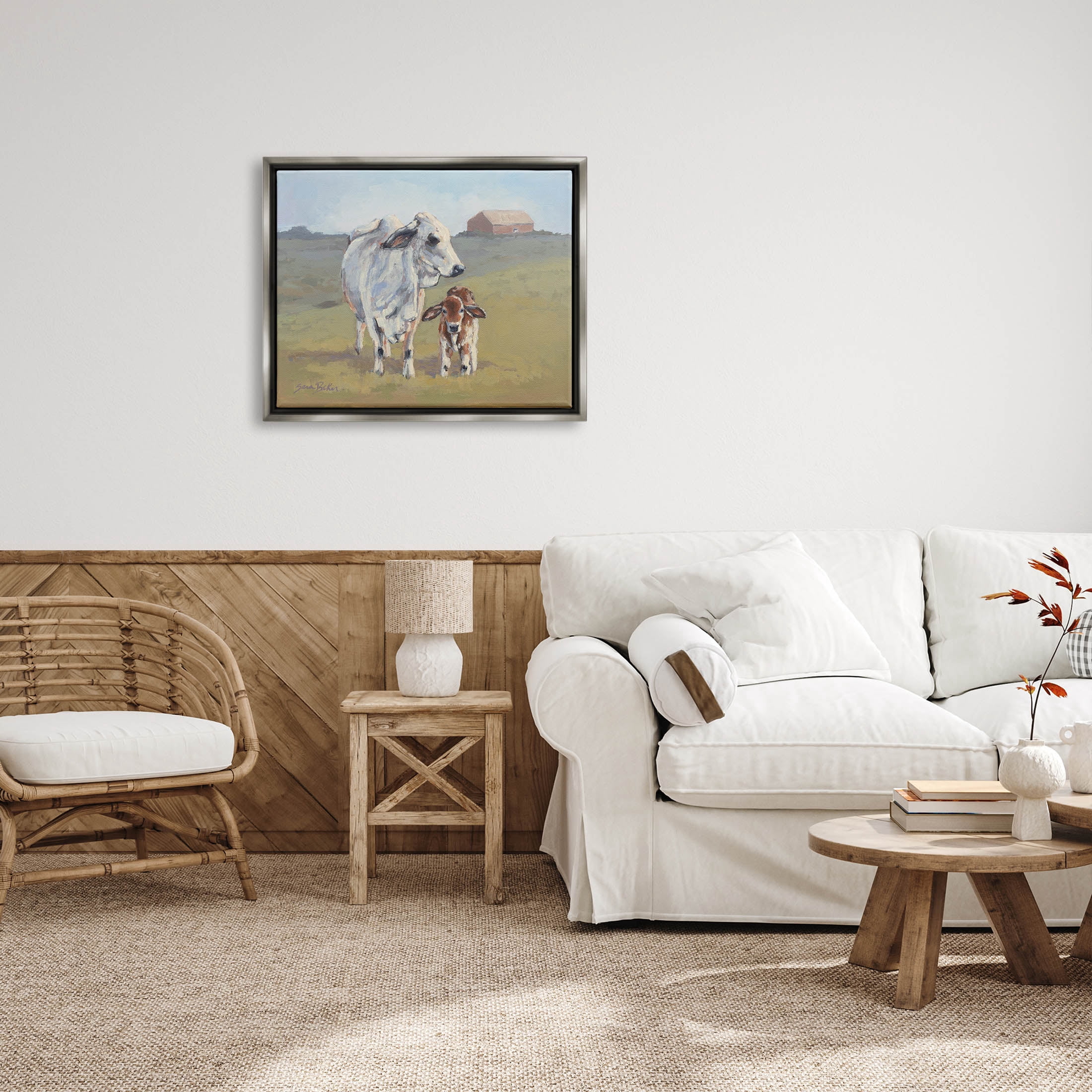 Baby Cow Family Farm Portrait Animals & Insects Painting Luster Gray Framed Art Print Wall Art