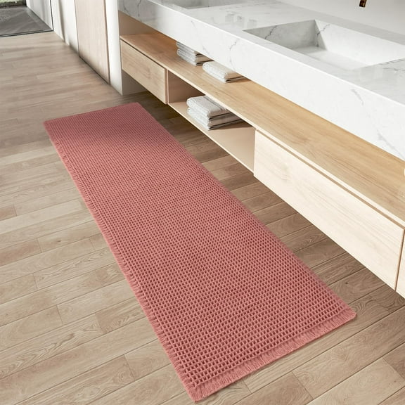 PLUMYHG-Upgraded Waffle Runner Rug Super Absorbent Non Slip Bath Mats for Bathroom Machine Washable Bathroom Runner Rug with Tassels, Ideal for Hallway Bedroom Laundry Room, 17" x 60", Coral