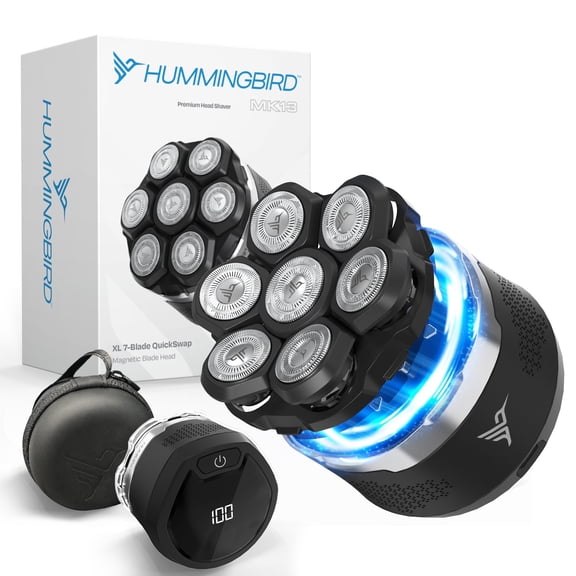 HUMMINGBIRD MK13 Head Shaver, 7 Blade Cordless Electric Razor for Men, USB-C Rechargeable, Wet & Dry, Waterproof with LED Display and Travel Case