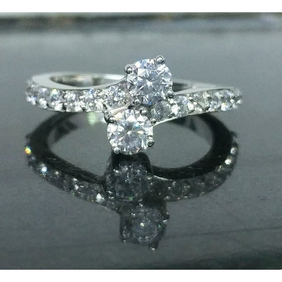 Women's Two Stone Ring 14K White Gold Plated 925 Silver 2CT Round Cut Lab Created VVS1/D Diamond